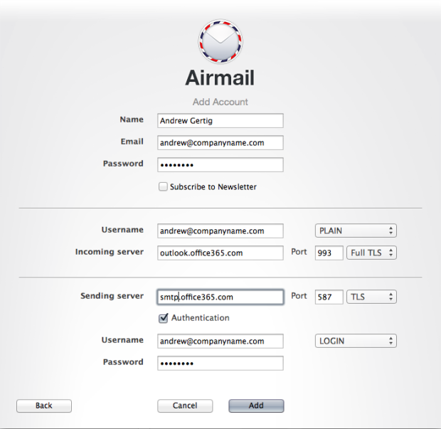 Airmail settings